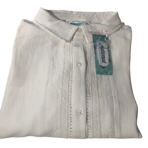 New National Button Up Blouse White Eyelet Trim Long Sleeve Womens Petite XL Tag